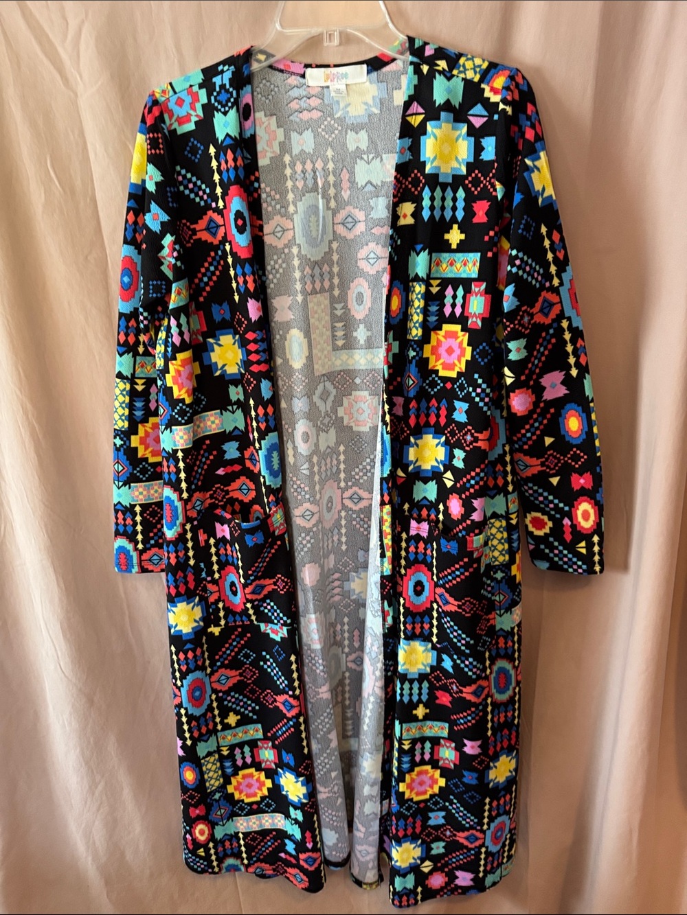LuLaRoe Black Multicolor Aztec-Style Long Open Cardigan